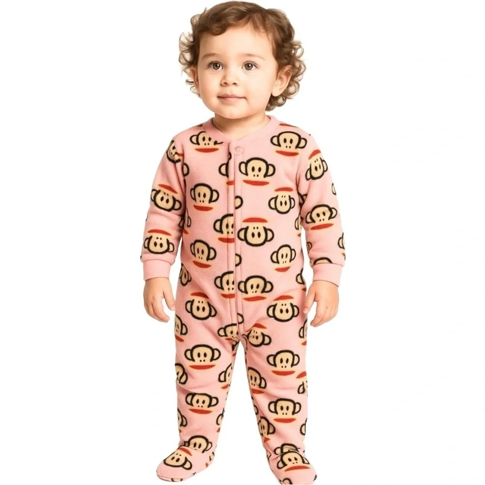 PAUL FRANK “Julius” Monkey Print Kids Pink Fleece Footed Pajama Onesie - Picture 1 of 6